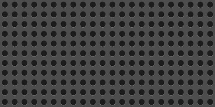 Dark grey perforated metal plate with circular holes. Realistic iron grill with 3d dot holes. Circle mesh backdrop forming a modern industrial pattern. Steel speaker grid. Vector illustration