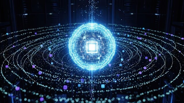 Stunning digital sphere radiating data streams and futuristic AI processing power in a dark, interconnected network environment, symbolizing global communication. - Powered by Adobe