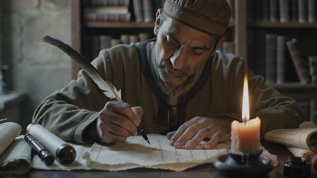Middle eastern man writing with quill pen on scroll with candle light for historical and educational project.