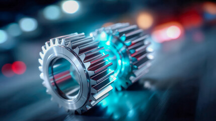 Shiny interlocking metal gears in motion, representing engineering, machinery, and precision industrial technology