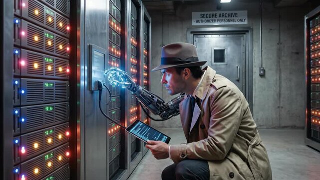 Man with a bionic arm and trench coat accessing a secure server rack in a data center, demonstrating futuristic technology and digital espionage concepts