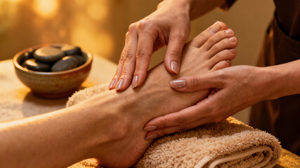 Detailed close-up of professional foot massage in spa setting, emphasizing therapeutic touch, realistic skin texture and calming self care atmosphere

