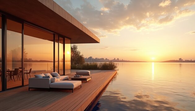Modern lakeside penthouse at sunset. Terrace with sofa and coffee table faces the water. Calm lake reflects the sun. Luxury apartment with panoramic view and cityscape.