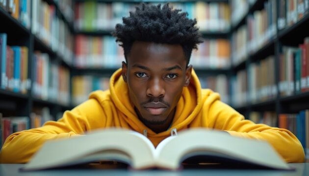 Young black man in yellow hoodie reads open book in library. Focused student studies surrounded by bookshelves, seeking knowledge, completing academic goals. Intense learning session. - Powered by Adobe