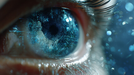 Close up of a blue eye reflecting a digital world with glowing particles and data streams