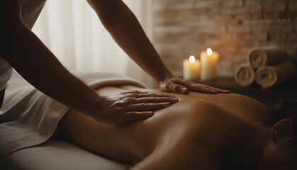 Obraz premium Close-up of professional masseur hands performing relaxing back massage in dimly lit spa center, emphasizing low key lighting and therapeutic touch 