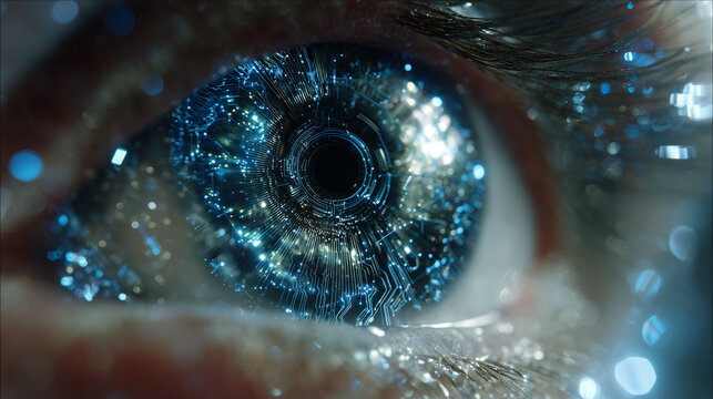 Close up of a human eye with a sparkling blue iris and digital data flowing around it - Powered by Adobe