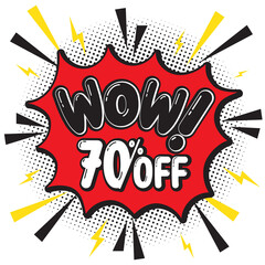 Wow sign, 70% off. Transparent background.