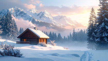 Fototapeta premium Mountain Cabin in Winter Mist