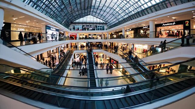 Timelapse of shopping mall with people and escalators. Busy commercial center, crowd movement, retail lifestyle and urban architecture.
