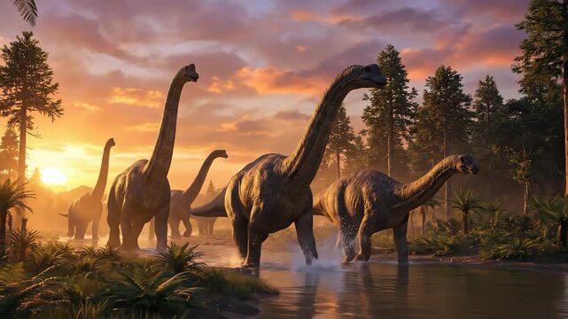 Herd of sauropod dinosaurs, resembling brachiosaurus, walking through a shallow river or stream in a lush prehistoric forest landscape during a golden sunset