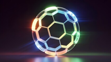 Obraz premium Soccer ball built from layered luminous hexagons – Ideal for sports technology branding, gaming graphics, or abstract geometric design.
