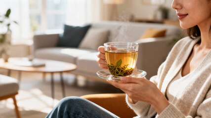 Woman enjoying soothing herbal tea in contemporary light-filled room, promoting liver health, mindful relaxation and everyday wellness ritual
