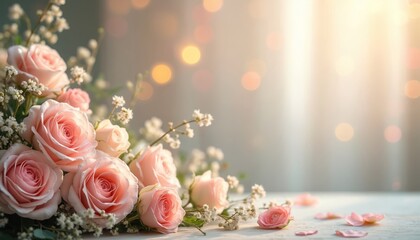 Fototapeta premium Pink rose bouquet with delicate white flowers rests on rustic wooden table. Soft light creates dreamy bokeh effect. Elegant floral arrangement suitable for wedding invitations greeting cards.