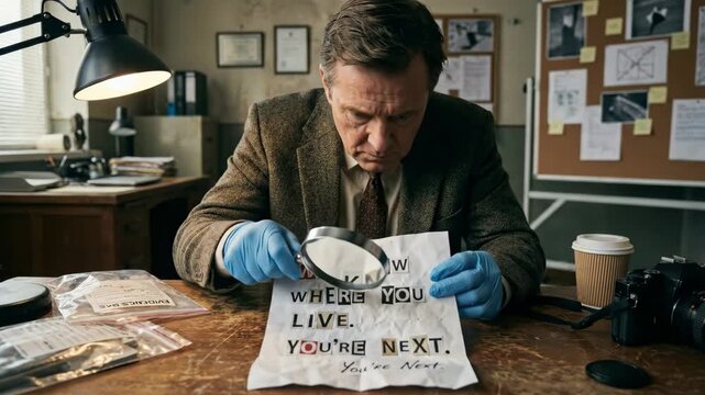 Detective wearing blue gloves intently examines a homemade ransom note with a magnifying glass. Analyzing evidence on a cluttered desk with forensic bags and crime scene documents in the background
