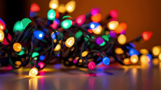 Christmas string lights tangled playfully, glowing multicolor bulbs, warm background