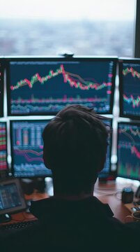 A financial analyst studying stock charts on multiple monitors, dim office lighting, professional finance