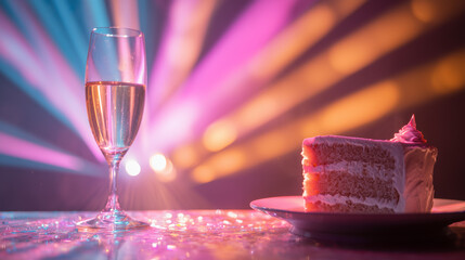 Celebration scene with dessert and drink on a table; vibrant lights create a festive atmosphere