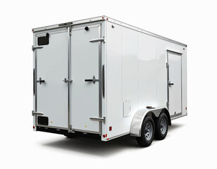 White cargo trailer vehicle isolated on white background. Utility trailer for commercial use shown from rear and side. Transportation and logistics concept with cargo box.