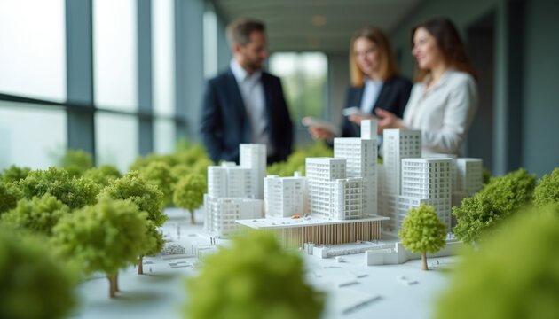 Business people review architectural city model with buildings, trees. Team plans urban development for new housing project, discussing real estate strategy. Architects meet to work on construction