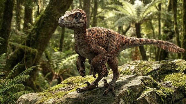 Velociraptor dinosaur, featuring feathered skin, stands on a moss-covered rock in a lush, green prehistoric jungle, representing an ancient predator in its natural habitat simulation
