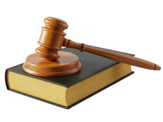Wooden judge gavel on law book isolated for justice and legal concept in png transparent background format