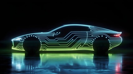 Futuristic car with body made from glowing circuit lines – Suitable for high-tech, digital transformation, or future transportation concepts.