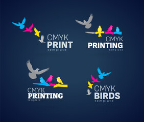 Set Logo CMYK Print theme. The birds is flying motion. Template design vector. Black background.