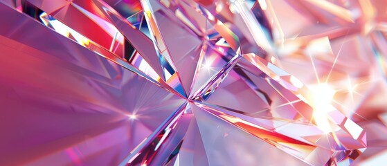 Close-up of sharp, transparent crystal facets in pink and purple hues reflecting light. Perfect for luxury, abstract, or tech visuals.