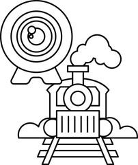 A train is on a track with a camera in the background