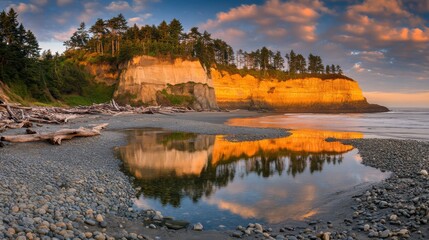 Coastal Cliff at Sunset Reflected in Calm Waters