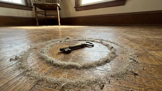 Vintage skeleton key lying within a circular dust frame on old hardwood flooring, symbolizing concepts of forgotten memories, time passing, mystery, and uncovering hidden secrets from the past