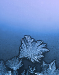 Beautiful ice pattern on window glass, close-up natural winter background