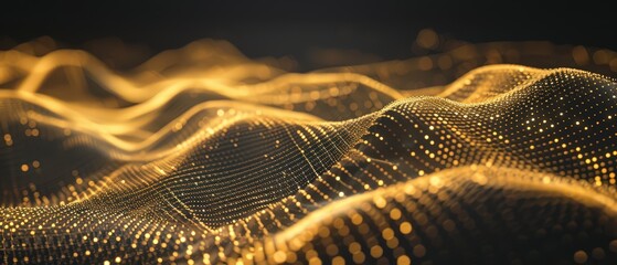 Futuristic digital background with glowing golden lines and dots forming a connected mesh structure, ideal for tech, data, or innovation themes.