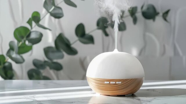 White and wood grain essential oil diffuser releases mist on marble surface with green leaves in background