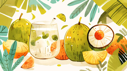 Colorful illustration featuring tropical fruits, a refreshing drink with mint, surrounded by vibrant leaves, creating a lively summer atmosphere with bright colors and playful design