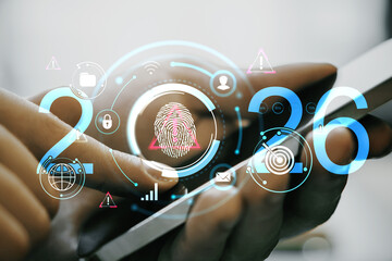 Futuristic fingerprint security authentication on smartphone interface with digital data and biometric scan concept on light tech background.