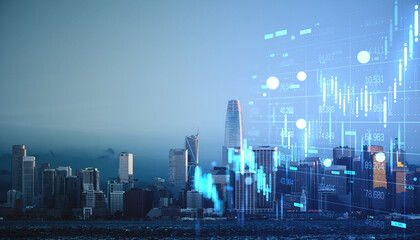 Modern city skyline with digital financial chart overlay showing stock market trends and data analysis on economic growth concept background.