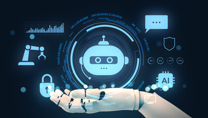 Futuristic robotic hand presenting chatbot interface icons with AI, data analytics, and smart technology elements on dark digital background. 3D Rendering