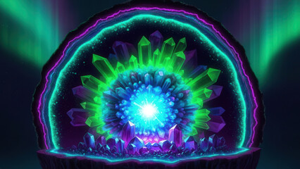 Vibrant Geode with Glowing Crystals and Aurora Borealis Lights in a Mystical, Colorful Fantasy Scene