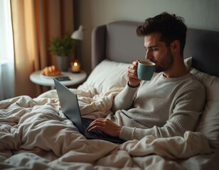 Man in bed works on laptop drinks coffee. Freelancer morning work home office. Guy uses computer in cozy room remote work concept. Cozy work setting lifestyle.