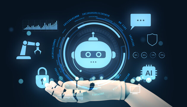 Futuristic robotic hand presenting chatbot interface icons with AI, data analytics, and smart technology elements on dark digital background. 3D Rendering