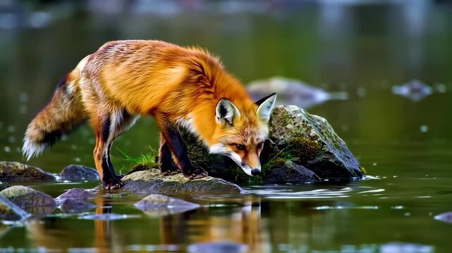 A captivating moment as a red fox drinks water from a pristine lake surrounded by nature