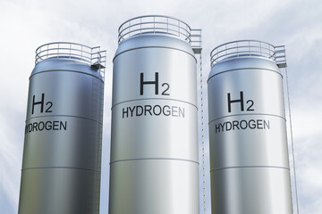 Hydrogen H2 storage tanks in modern industry facility with metallic surface under light sky background, nobody around, clean energy concept. 3D Rendering