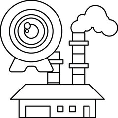 A black and white drawing of a factory with a large camera lens in the center