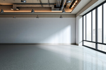 Naklejka premium Modern empty loft interior with large blank wall, industrial ceiling, pendant lights and panoramic city view through tall windows in daylight. 3D Rendering