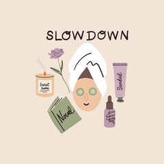 Slow down lettering. Morning and evening ritual. Body and skin care cosmetics, read book. Positive vibes and balanced life. Poster emblem. Mental health vector cartoon isolated illustration