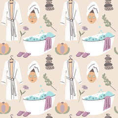 Self care seamless pattern. Wellness and mindfulness. relaxation in spa. Aromatherapy and skincare cosmetic. Positive vibes and balanced life. Mental health vector cartoon isolated background