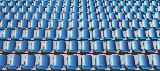 Repeating pattern of empty blue stadium seats forming a creative geometric background in bright daylight with strong shadows on concrete. 3D Rendering © Who is Danny
