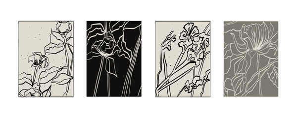 Flower minimal posters. Hand drawn line flowers and branches with leaves. Herbal and meadow plants, rose modern wall art composition floral decor, beige simple colors. Vector botanical illustration